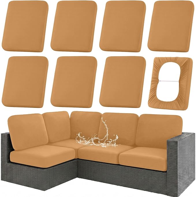 hyha Waterproof Outdoor Cushion Covers for Patio Furniture, Stretch Patio Chair Cushion Slipcovers, Coated UV Resistant Replacement Seat Covers, Solid Color (Camel, 8PC)
