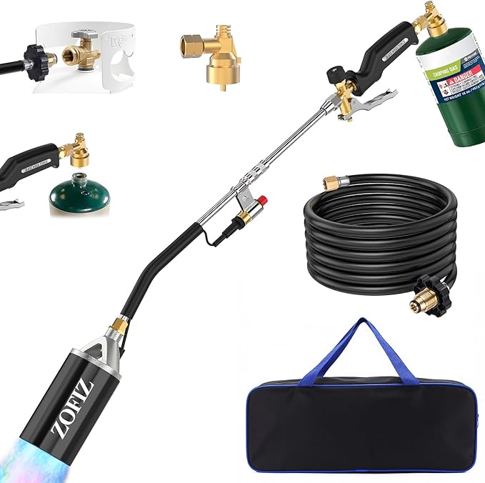 Propane Torch Weed Burner Kit, 33.5" Blow Torch with 1lb Propane Cylinder Converter, 10 FT Hose, Heavy Duty Torch with Turbo Trigger for Weeds, Roofing, Ice & Snow Melting(Fuel Not Included)