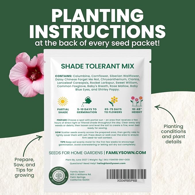 Shade Tolerant Mix – 2,500 Wildflower Seeds for Pollinator Gardens – 2026 Season – 5-Gram Pouch