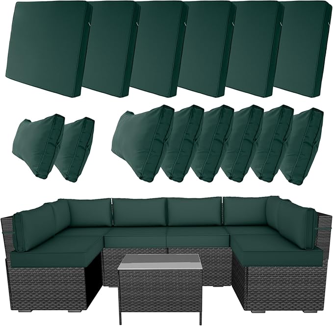 14 Piece Outdoor Furniture Replacement Cushions, Cover+Filling, 25.6" x 25.6" x 4" Foam Waterproof Outdoor Sofa Cushion Sets, Fit Wicker Rattan Sectional Conversation Set, Dark Green