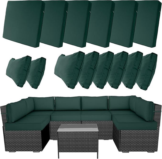 14 Piece Outdoor Furniture Replacement Cushions, Cover+Filling, 25.6" x 25.6" x 4" Foam Waterproof Outdoor Sofa Cushion Sets, Fit Wicker Rattan Sectional Conversation Set, Dark Green
