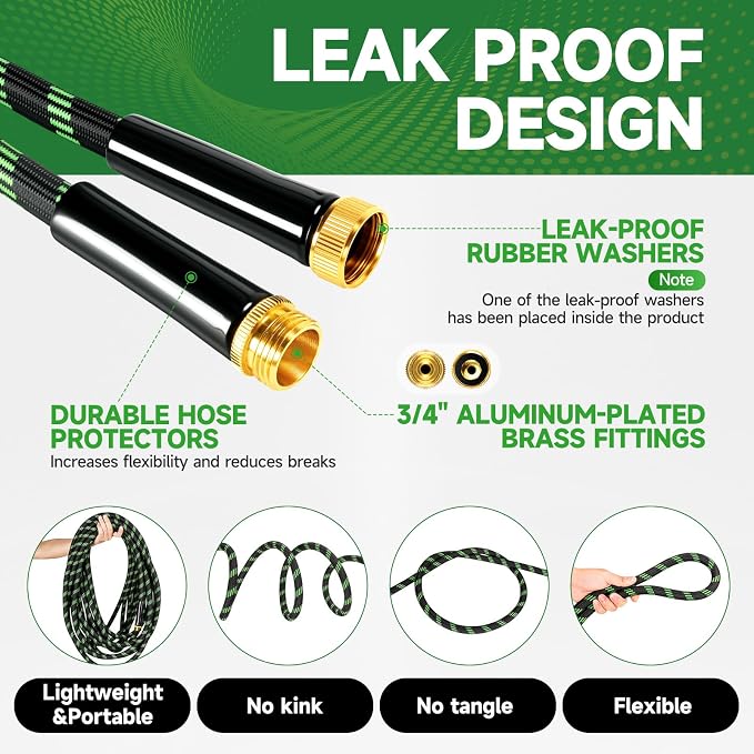 Garden Hose 75ft Flexible Non-Expandable Water Hose Ultra Lightweight Kink-Free Leak-Proof Durable & Abrasion-Resistant with 3/4" Brass Fittings for Patio Yard RV and Outdoor Use