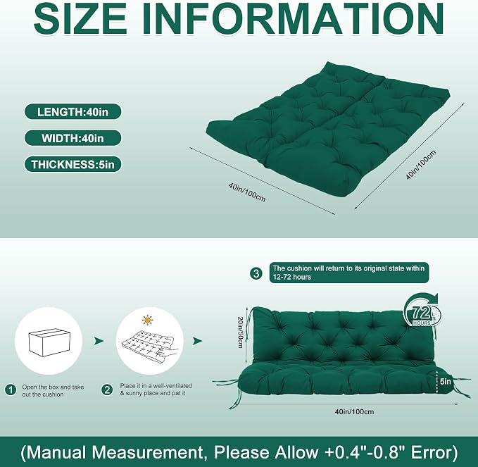 Porch Swing Cushions 40 inch Waterproof & Fade Resistant Thicken 5" Outdoor Swing Cushions 2 Seater Replacement with Backrest & Ties Patio Swing Cushions for Outdoor Furniture (Dark Green)
