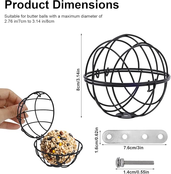 2pcs Suet Ball Holders, Alloy Bird Suet Ball Cage with 2 Fixed Connection Accessories & 4 Screws Durable Bird Feeder Accessories for Outdoor Birds Feeders