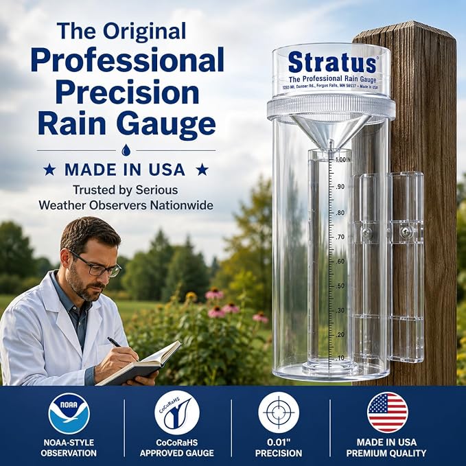 Stratus Precision Rain Gauge – 14" All-Weather Gauge with mounting Bracket, Accurate to 1/100", Durable and Easy to Read for Gardeners, Meteorologists, and Weather Enthusiasts | Dual-Cylinder Overflow Design