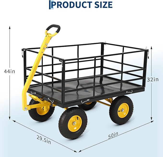 Heavy Duty 1500 Lbs Capacity Mesh Steel Garden Cart Folding Utility Wagon with Removable Sides, Garden Cart on Wheels for Gardening Soil, Tools, and Plant Transport