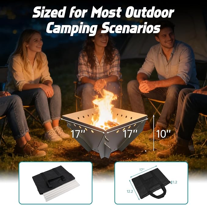 Stainless Steel Fire Pit for Camping, Collapsible Fire Pit for Outdoor Use, 2-4 Person Portable Firepit, Tool-Free Assembly, Patio, Bonfire, Picnic and BBQ with Grill Net & Canvas Storage Bag
