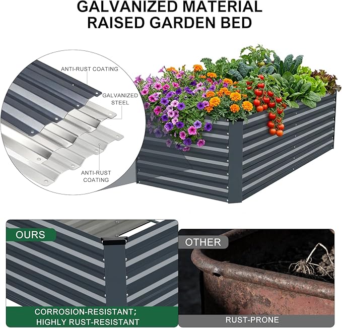 STBoo 6x3x2FT Galvanized Raised Garden Bed, Outdoor Metal Raised Planter Box for Vegetables, Elevated Rust-Resistant Rectangle Gardening Container Kit with Reinforced Panels for Backyard, Patio(Grey)