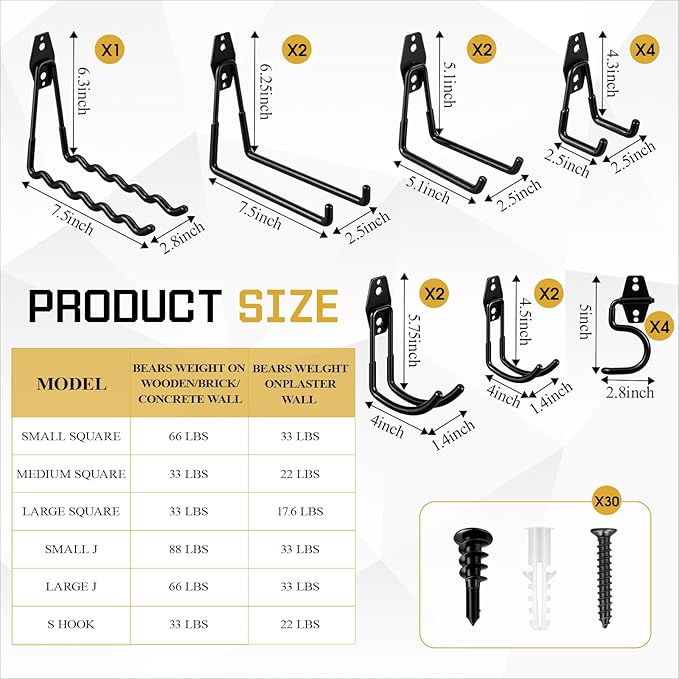 37 Pack Heavy Duty Garage Storage Hooks Set, Steel Wall Mount Garage Hooks with Anti-slip Coating and 12 Adjustable Triangle Straps, Multi-size Organizer for Hanging Bike, Ladder, Garden Tools