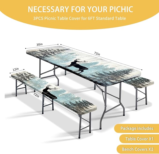 Picnic Table Cover with Bench Covers 72IN 6FT, Camping Essentials Tablecloth Waterproof Oilproof with elastic Edge for Indoor Outdoor Patio (Forest Deer)