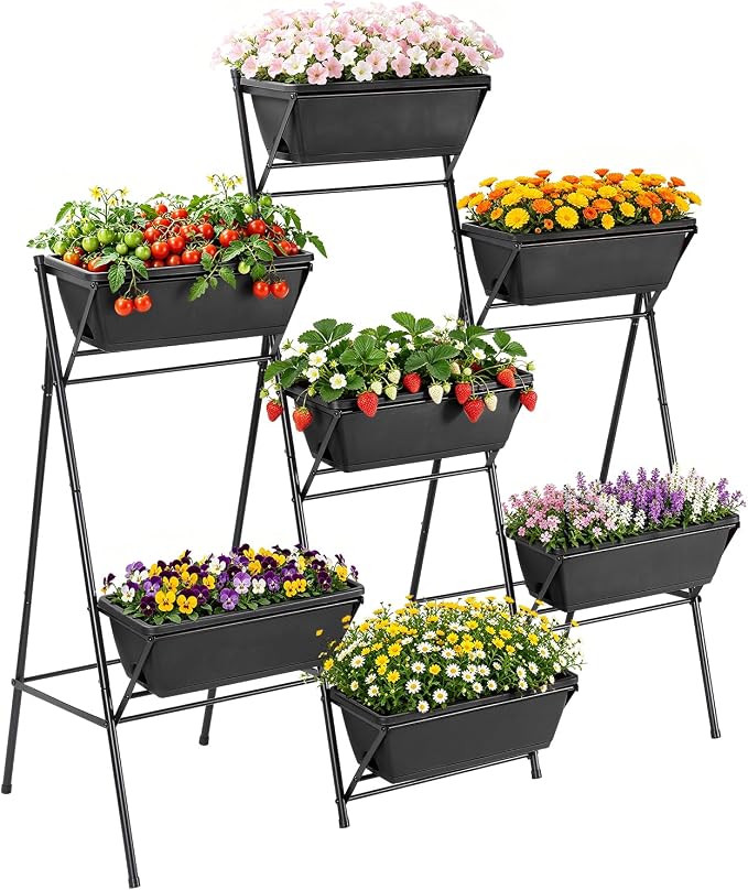 Sunexinlo 5-Tier Vertical Garden Planter with 7 Plant Boxes & Drainage Trays, Metal Freestanding Raised Bed for Herbs Flowers Vegetables, Indoor Outdoor for Patio Balcony Deck, Black