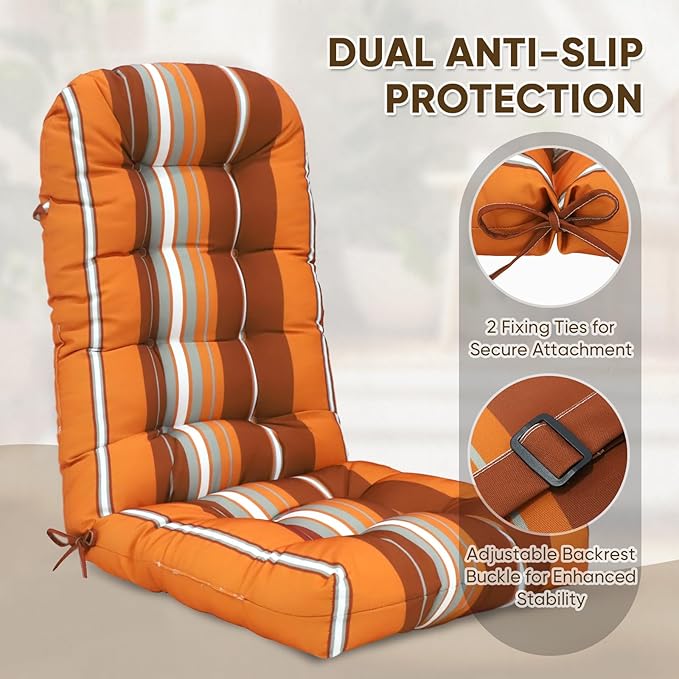 COOS BAY High Back Adirondack Chair Cushions for Outdoor Furniture, 49x20x5 in Water-Resistant Thick Tufted Patio Chair Cushions with Secure Straps, Set of 2, Red Stripes
