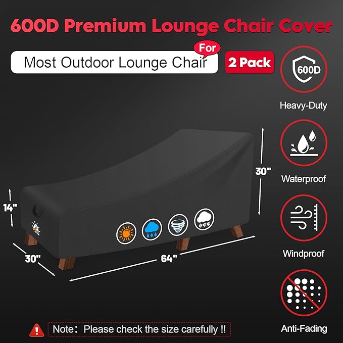Zettum Outdoor Lounge Chair Cover 2 Pack - Waterproof Patio Chaise Lounge Chair Cover, 600D Fade-Resistant Outdoor Seating Covers For Pool Lounge Chair, Lawn Bench Furniture 64 x 30 x 30 Inch