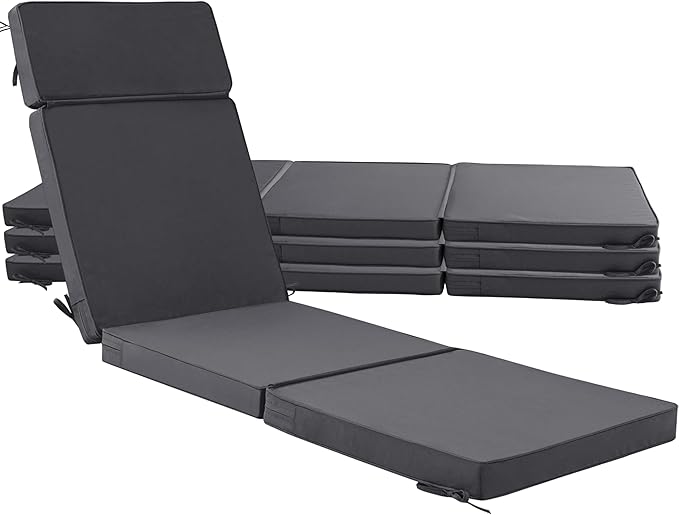 80 x 26 Inch Outdoor Chaise Lounge Cushions Set of 4 - Removable Cover, 4-Section Design, Water-Repellent & Fade-Resistant, 6 Tie Straps, Replacement for Patio & Pool Chairs - Dark Grey