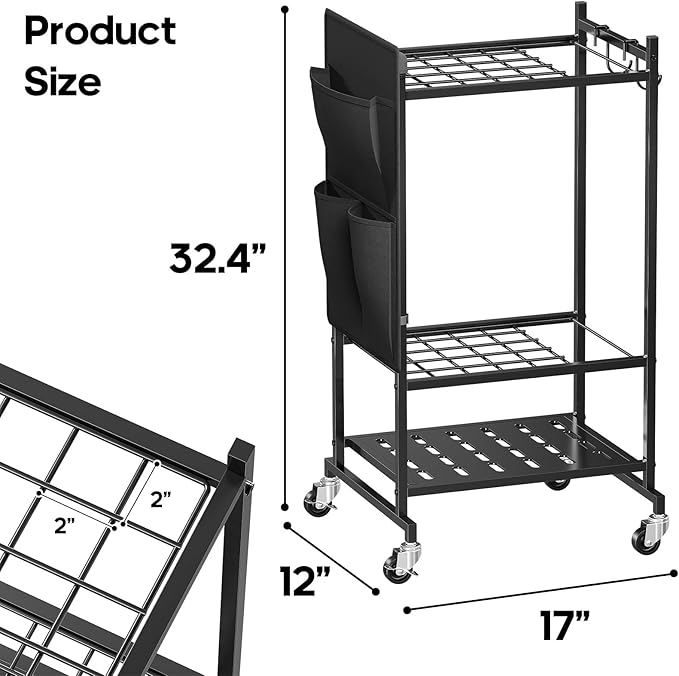 Garden Tool Organizer, Yard Tool Holder Rack with Hooks and Pockets, Rolling Heavy Duty Metal Garage Tool Storage Cart for Outdoor, Black