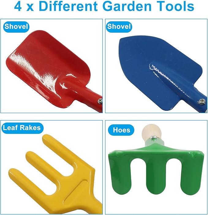 Piutouyar 4 Pack Metal Garden Tool Set, Mini Colorful Beach Tool for Kids, Shovels/Rake/Trowel/Fork Children Beach Sand Tools with Wooden Handle