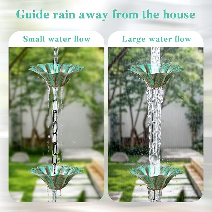 Rifachua 12 Cups Lotus Rain Chain for Gutters Downspouts Outside 8.5ft, Green Plated Bronze Lotus Rain Chain Cups, Functional and Decorative Replacement for Gutter Downspouts