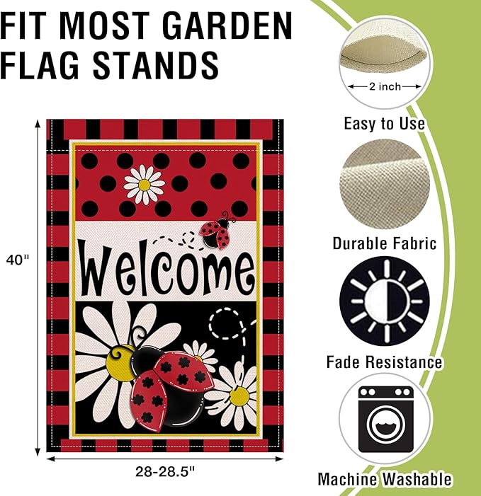 Artofy Welcome Spring Summer Ladybug Daisy Flower Large Decorative House Flag, Red Black Polka Dots Yard Garden Outside Decor, Seasonal Burlap Outdoor Home Decoration Double Sided 28 x 40