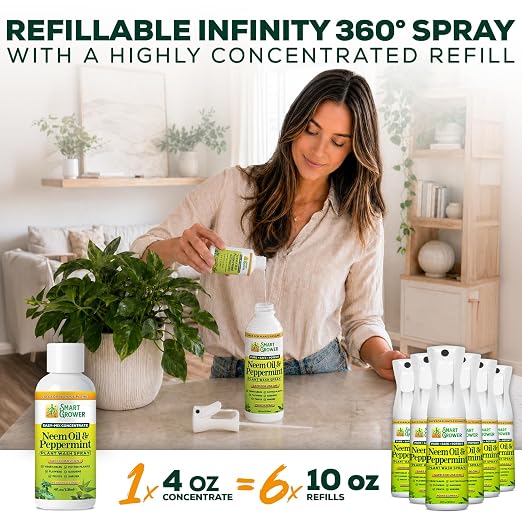 Neem Oil Spray for Plants with Peppermint Oil, Refillable Combo Pack Continuous Sprayer 10oz + 4oz Concentrate Refill – Makes 6 Bottles, Natural Plant Wash for Indoor & Outdoor Plants – Smart Grower