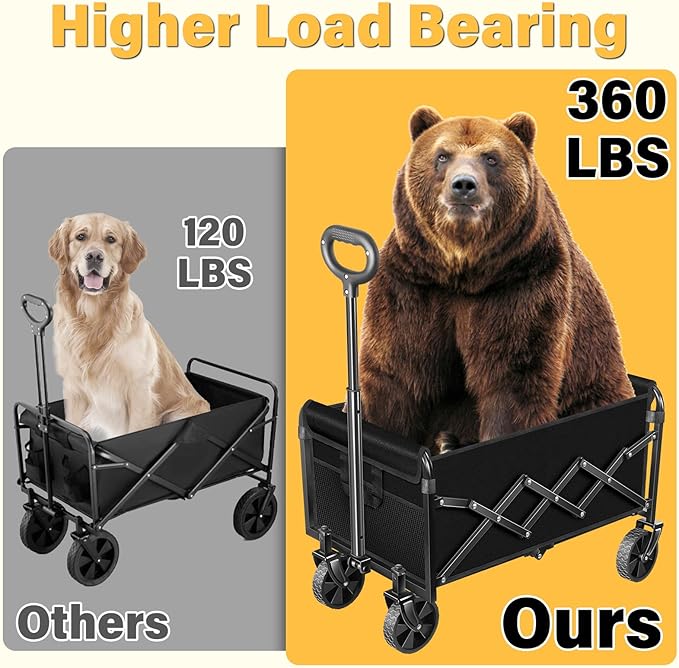 Wagons Carts Foldable - Collapsible Wagon 360Lbs, Folding Wagon Cart with Wheels, Foldable Wagons Portable for Groceries, Sports, Camping, Storage, Travel, Shopping -Jet Black