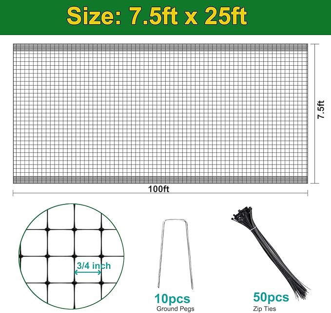 KLEWEE Bird Netting, 7.5 x 25 FT Heavy Plastic Duty Garden Netting to Protect Fruit Trees, Plants and Vegetables Against Birds, Deer, Squirrels and Other Animals