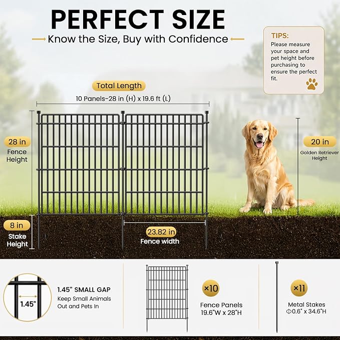 10 Panels No Dig Garden Fence Animal Barrier, 28in(H) × 19.6ft(L) Decorative Metal Outdoor Dog Fence, Rustproof Pet Fencing for Yard, Patio, Flower Bed -Temporary Fencing| Easy to Install