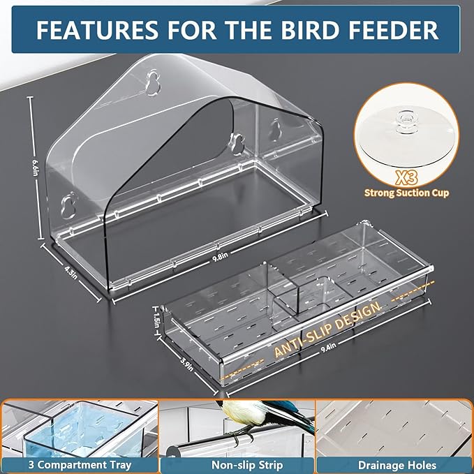 Window Bird Feeder Viewing Box - 10x7 Inches Acrylic Window Bird Feeder with 4 Strong Suction Cups, 3 Compartment Trays, Clear Birdfeeder with Enhanced Grip, Watching Cardinal for Cat