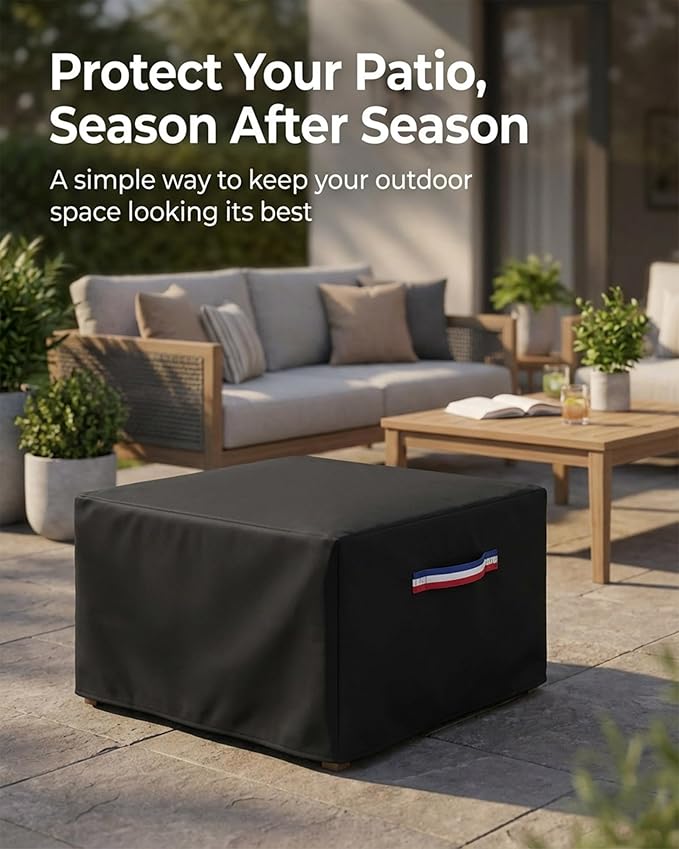 Square Waterproof Patio Ottoman Cover, 600D Heavy Duty Outdoor Furniture Cover with Windproof Buckles Air Vents, All-Weather Protector for Patio Ottoman or Outdoor Side Table 25 x 25 x 18 Inch, Black