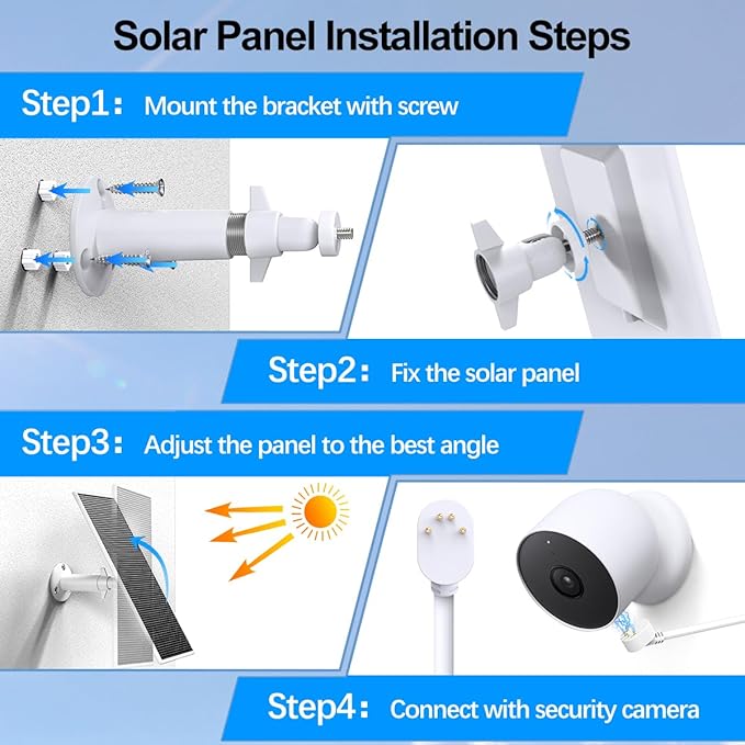 Solar Panel for Google Nest Camera, Upgraded Solar Power Charger for Google Nest Cam Indoor & Outdoor(Battery Version), Flexible Solar Panels with IP65 Waterproof and 13.1Ft Fast Charging Cable