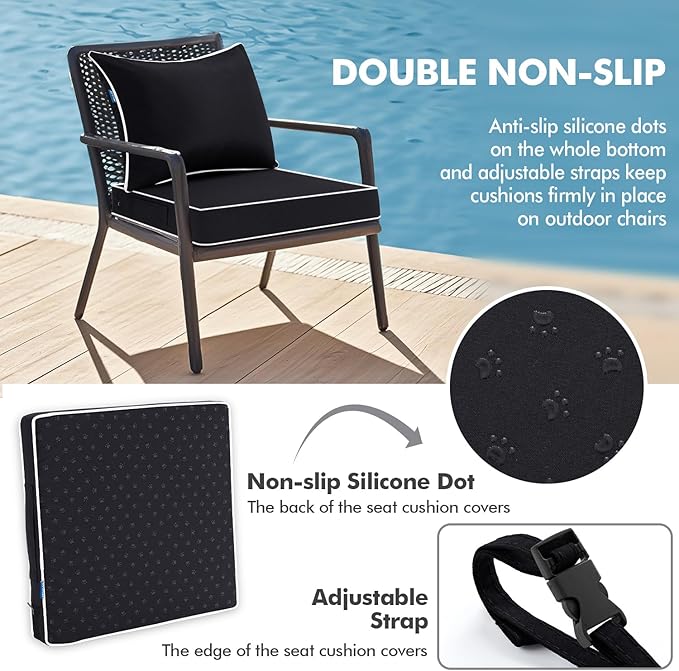 MIULEE Black Outdoor Seat Cushion 24x24 Inch Waterproof & 3 Year Fade Resistant Deep Seat and Back Cushion for Patio Furniture Chair Sofa Couch with Handle and Adjustable Straps