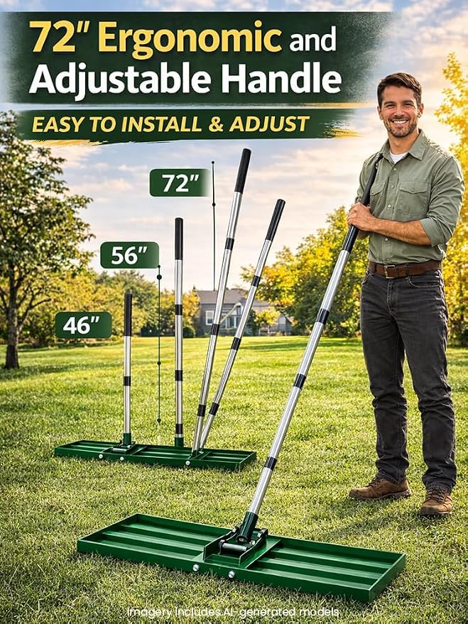 Lawn Leveling Rake, 30x10 inch Adjustable Lawn Leveler for Yard & Garden, Heavy Duty Stainless Steel Handle, Effort Saving Soil & Dirt Leveling Tool for Lawn Top Easy Dressing-Green