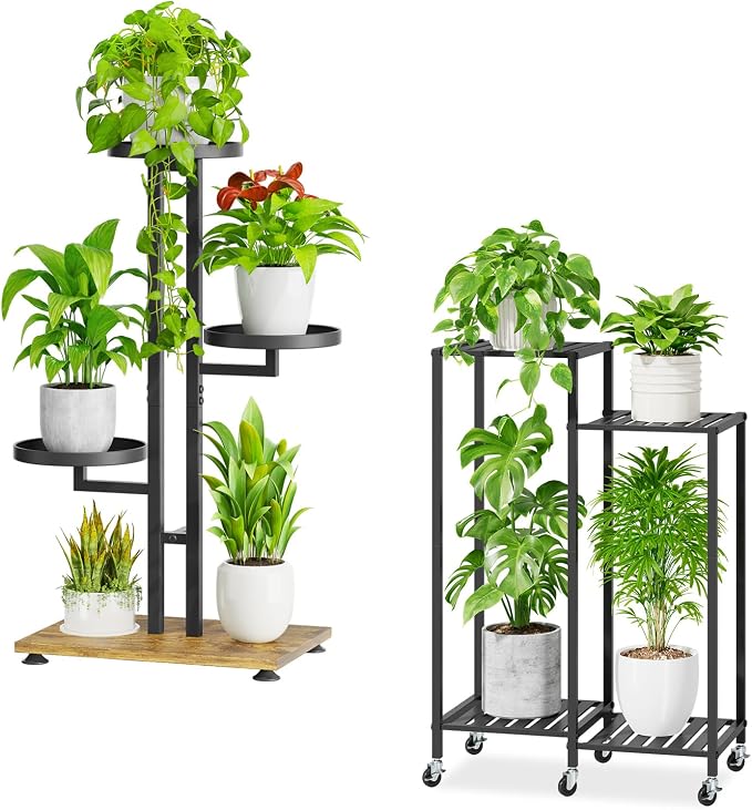 iDavosic.ly 4 Tier Plant Stand for Indoor Outdoor Set of 2, Folding Corner Orchid Pot Display Rack and Metal Tall Flower Holder Shelf with Wheels for Patio Porch Garden Balcony Bedroom