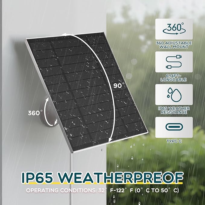 8 Pack 5W Solar Panels for Security Cameras Outdoor Waterproof Solar Panel for Camera with Type-C and 360° Adjustable Safety Bracket Panel Charge Micro for Camera
