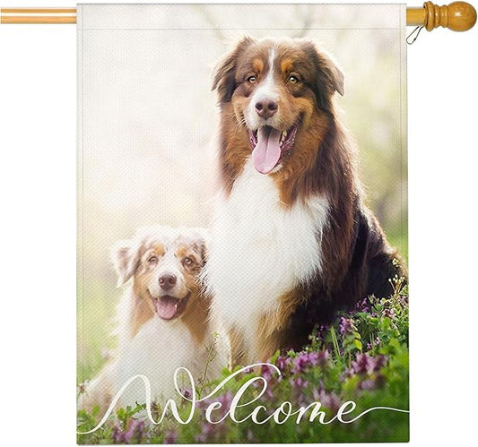 Mugod Lovely Dogs House Flag 28x40 Inch Double Sided Outside, Dog Sitting on Grass Party Holiday Burlap Yard Garden Outdoor Decoration