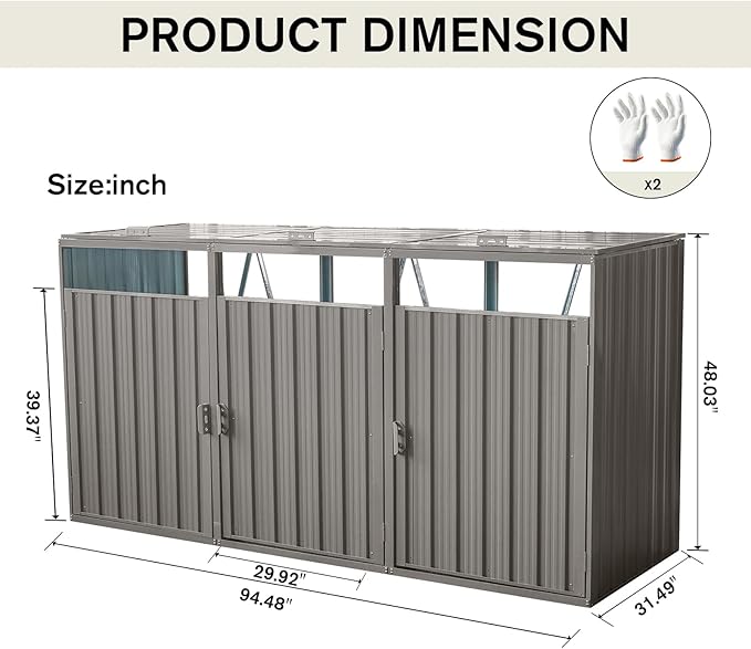94.48" Metal Garbage Bin Shed Stores with Ventilated and Lockable,Patio Furniture 3 Trash Cans Outdoor Sheds w/Rust-Proof & Scratch- Resistant,for Garden Yard Lawn,Grey