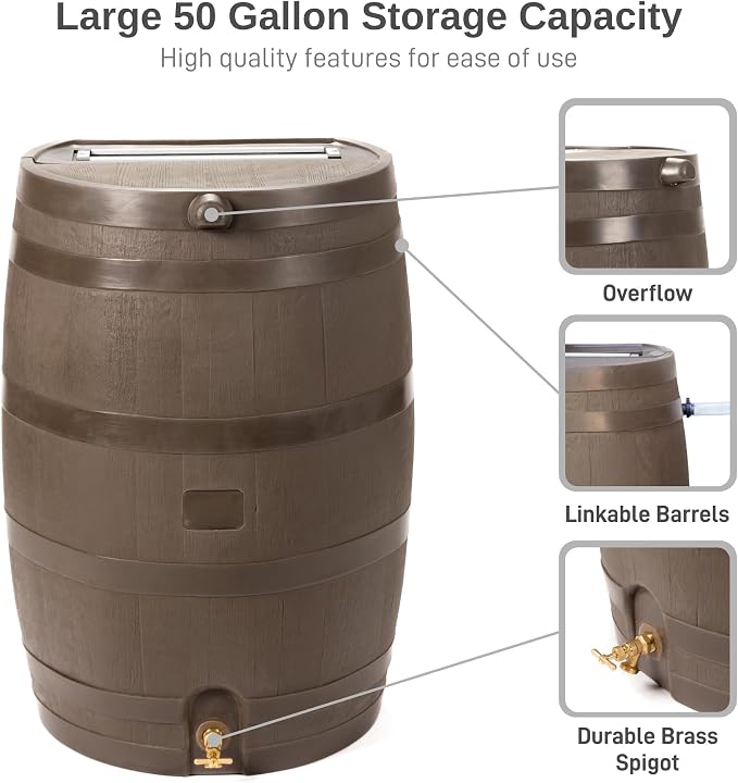 RTS Home Accents 50-Gallon Rain Barrel with Brass Spigot, Flat Back Rain Water Collection Barrel, Walnut Color