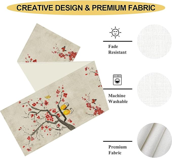 Chinese Birds Table Runner, Rustic Plum Blossom Floral Butterfly Japanese Red Flower Coffee Table Center Decor for Family Kitchen and Dining Living Room Farmhouse Party Table Decorations, 13"x90"
