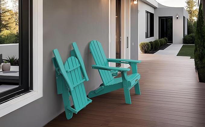 Folding Adirondack Chair Set of 4, Wooden Textured Plastic Adirondack Chairs with 2 Cup Holder, Weather Resistant HDPE Fire Pit Chair, Outdoor Patio Chairs for Garden, Backyard, Lawn, Deck, Lake Blue