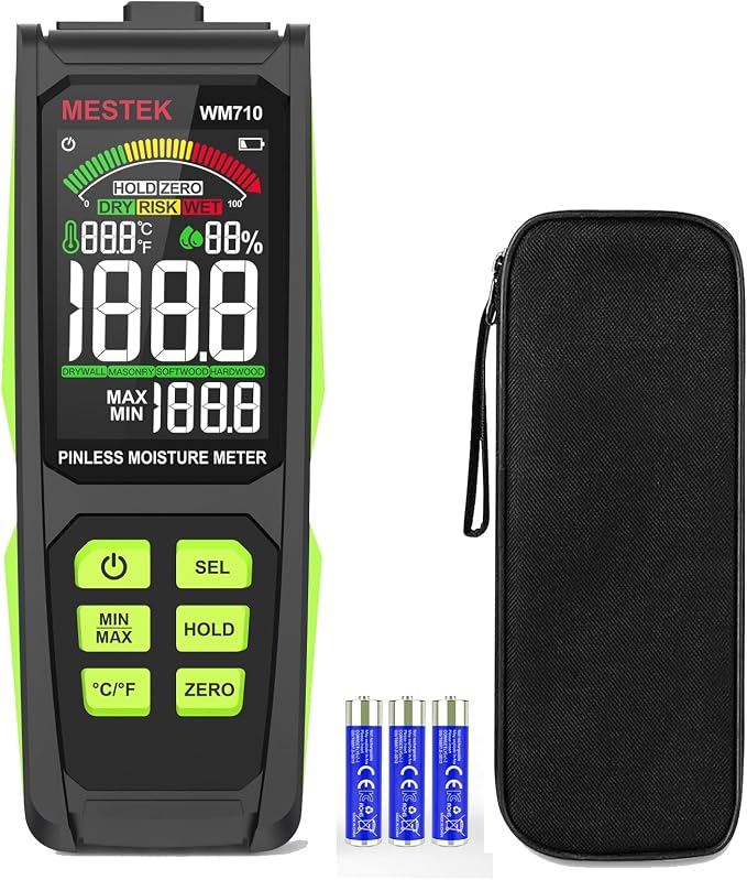 Pinless Moisture Meter, MESTEK Wood Moisture Meter Digital Moisture Detector for Lumber Drywall Firewood Masonry Woodworking Plaster Floor Concrete Building with LCD Display Sound Alarm