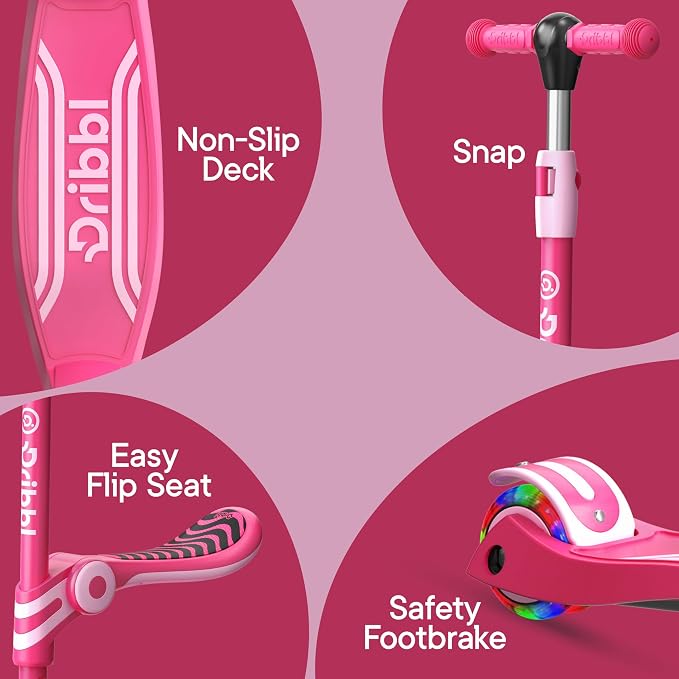 Pink 3 Wheel Scooter with Seat for Kids, Light-Up Wheels, Adjustable Lean to Steer Handlebar and Seat, Smooth Wheels, Wide No-Slip Deck, Rear Foot Brake, Toddler Outdoor Toys for Ages 2+