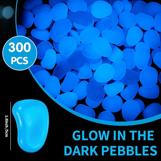 Landical 300 Pcs 1.8 Inch Large Glow in The Dark Rocks Glow in The Dark Pebbles Outdoor Bule Fish Tank Rock Aquarium Gravel Luminous Stone for Landscaping Walkway Succulent Plant Decor, 4700g/10.36lbs