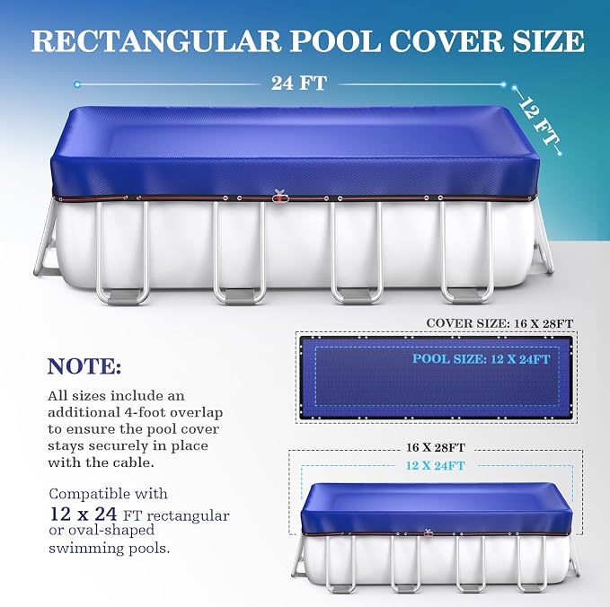 UIRWAY Upgraded 12x24 ft Rectangular Pool Cover- 200gsm Heavy Duty Fabric Pool Cover for Above Ground Pools, Extra Thick & Durable, Cold and UV Resistant, Includes Winch and Cable Set