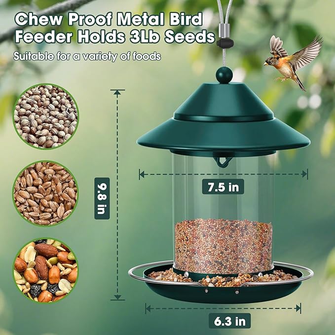 Metal Roof Bird Feeder, Hanging Bird Feeder for Outdoors with 3lb Clear Tube Seed Capacity for Viewing Cardinal Finch, Wild Birdfeeders for Outside Garden Yard Decoration