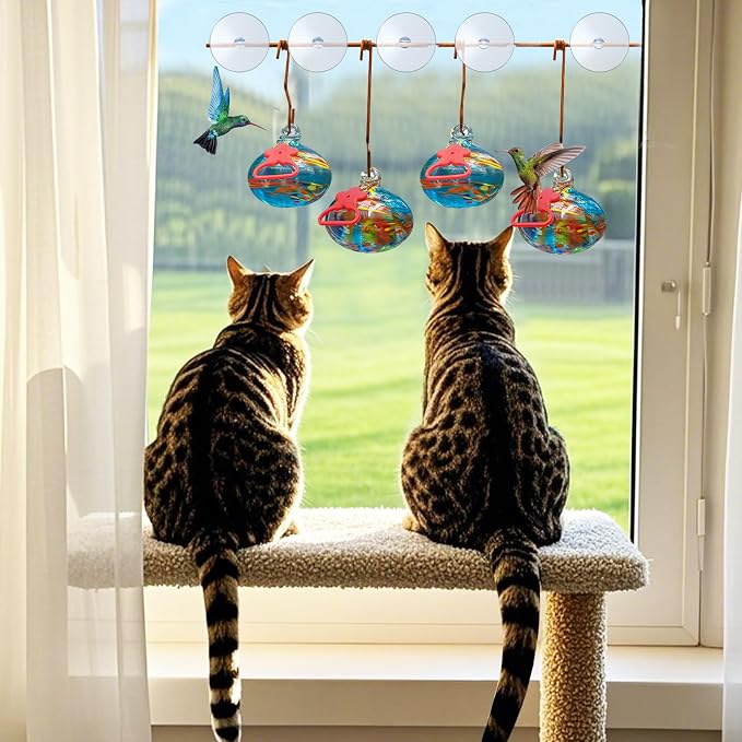 Pozfun Set of 3 Hummingbird Feeders for Outdoors Hanging,Hand-Blown Glass Hummingbird Feeder with Silicone Feeding Perch,Never Leak,Gardening Gifts for Woman Man