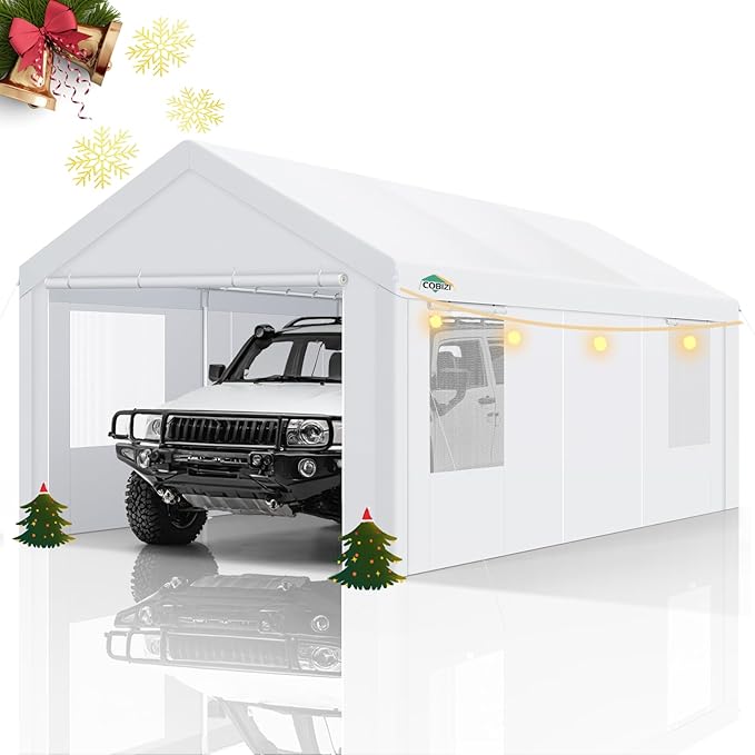 COBIZI Carport Canopy 12x20 Heavy Duty Portable Garage with Removable Sidewalls & Doors, Car Port Canopy Tent with Built-in Sandbags & All-Season Tarp for Car Boat Truck, White