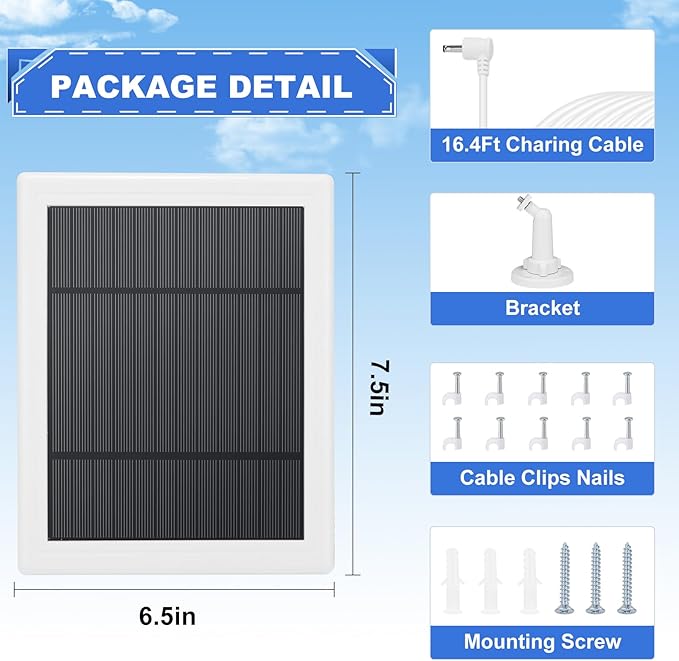 Solar Panel for Camera 5W Solar Charger Compatible with Ring Spotlight &Stick Up Outdoor Cam Battery, 16.4ft Long Cable with Barrel Plug Adapter to USB-C/Micro USB (White, 3 Pack)