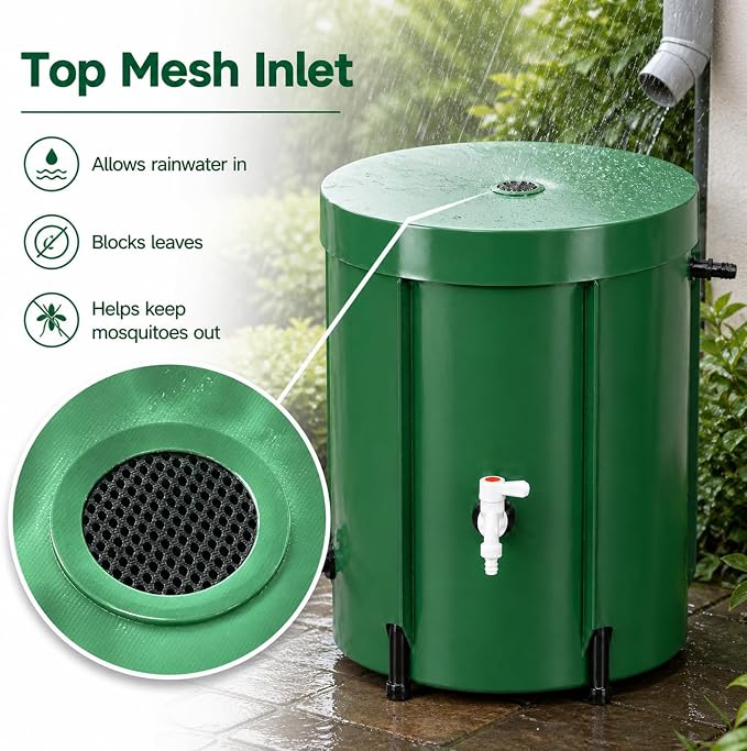 Collapsible Rain Barrel 53 Gallon, PVC Rainwater Collection Barrel with Spigot, Overflow & Mesh Screen — Portable, Foldable Water Storage Tank for Garden, Lawn & Outdoor Watering