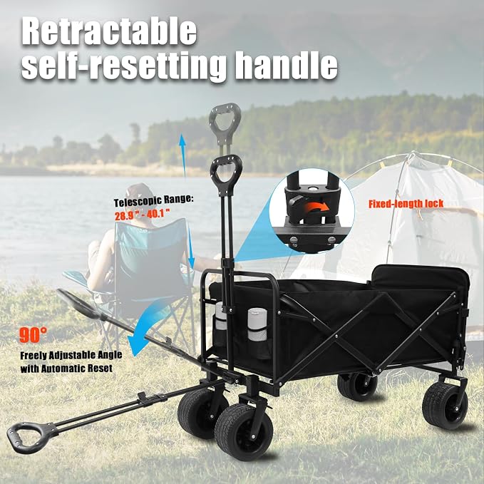 440 LBS Wagons Carts Foldable, Folding Collapsible Wagon Cart with Big All-Terrain Wheels & Cup Holders, Utility Graden Carts for Camping, Beach, Garden and Shopping