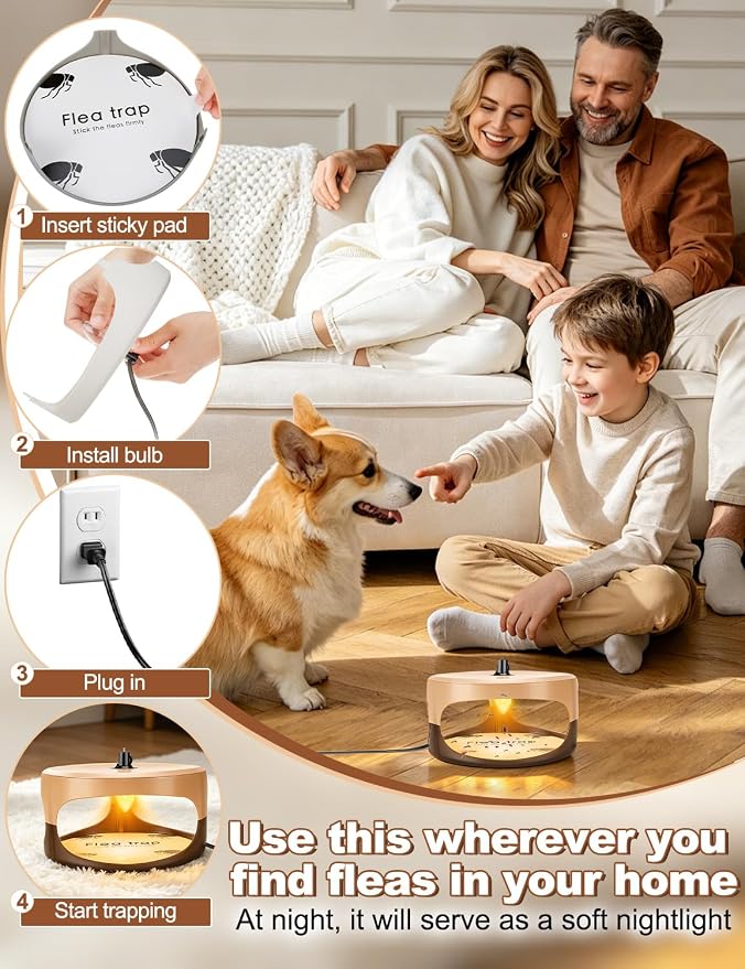 Flea Traps for Inside Your Home,New Bed Bug Trap with Light Refills and Sticky Pads,Electronic Fly Gnat Traps Indoor,Sticky Flea Bombs for Home Indoor (Beige, 1 Pack)