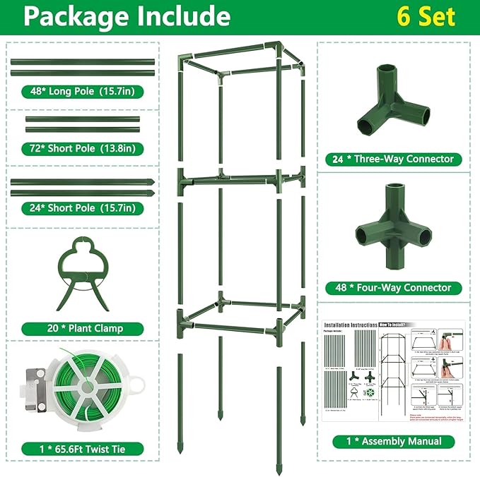 6 Pack Square Tomato Cages, 49.2" Large Upgraded Heavy Duty Steel Tomato Trellis Stakes, Garden Plant Support Cages Kit for Raised Garden Bed, Cucumber Trellis Vegetables and Climbing Plants